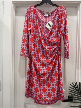 Gretchen Scott Designs Red & Light Blue Geometric Print Wrap Style Dress. NWT